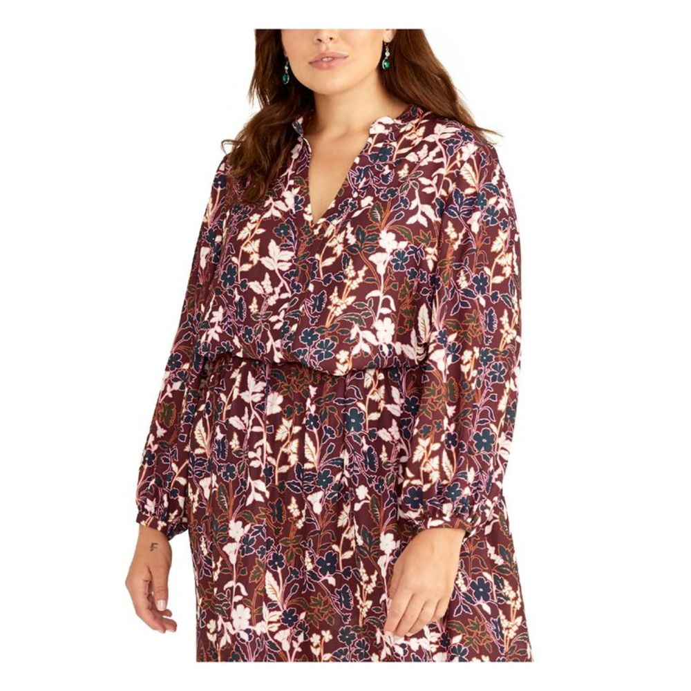 Q+A Los Angeles Womens Burgundy Floral Long Sleeve V Neck Top Plus Size: 3X